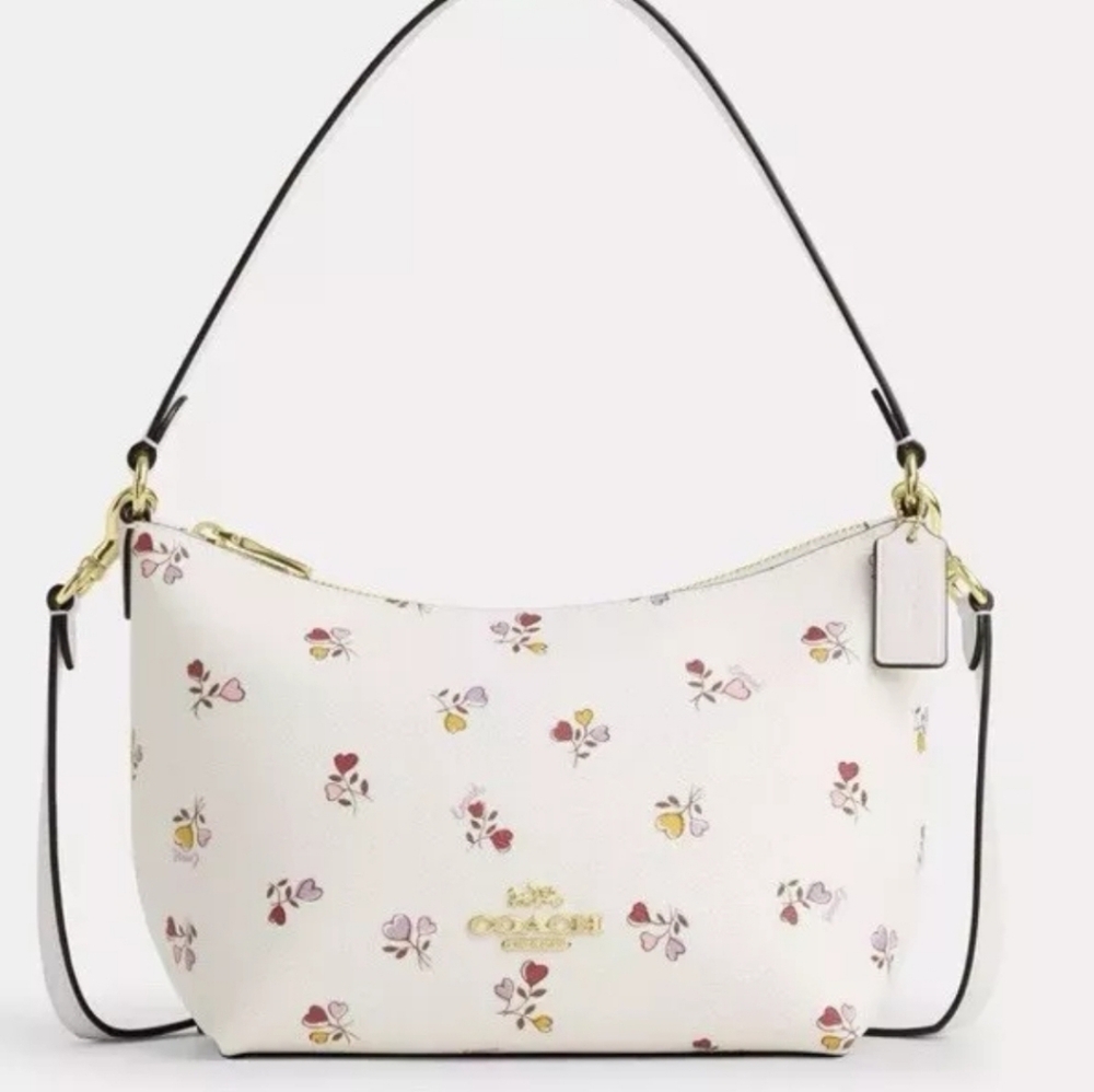 COACH CW392 Zip Top Shoulder Bag With Heart Print Coated Canvas & Leather Chalk